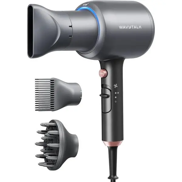 Wavytalk Blown Away Ionic Hair Dryer with Diffuser for Curly Hair | 1875W Fast Drying, 3 Attachments for All Hair Types, Ceramic Healthy Shine, Lightweight & Quiet (Grey)