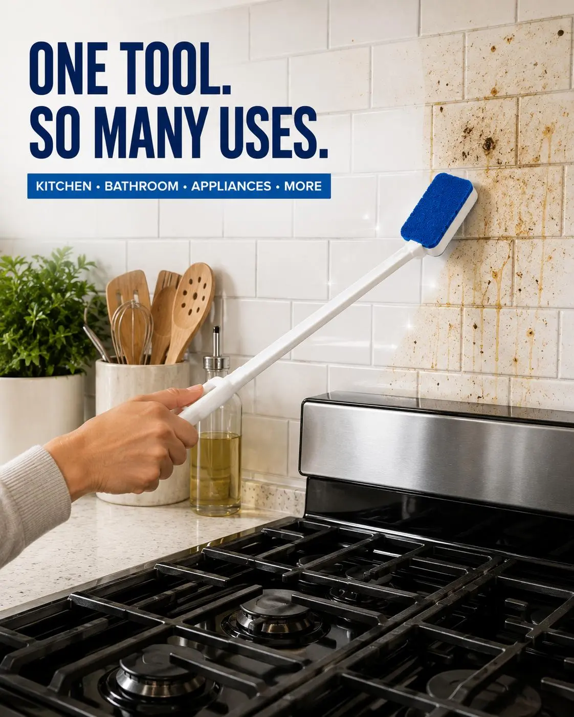 Long Handle Hard Scrubber Sponge Set – 11 Replaceable Cleaning Sponges + Handle for Bathroom, Shower, Tub, Tile, Kitchen & Appliances
