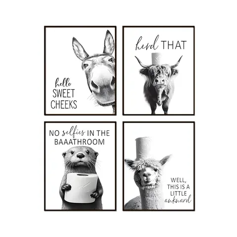 Rural-Style Donkey & Cow Animal Head Framed Poster, Lightweight Home Decor with Funny Print Design, Above Bed Wall Decor, Amusing Bathroom Wall Decoration Items