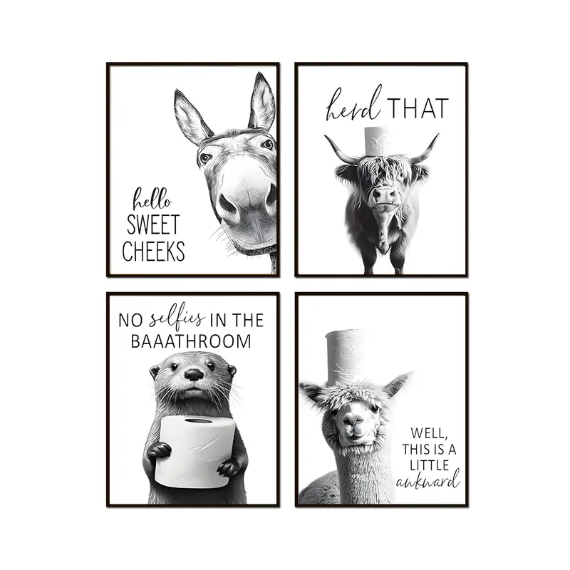 Rural-Style Donkey & Cow Animal Head Framed Poster, Lightweight Home Decor with Funny Print Design, Above Bed Wall Decor, Amusing Bathroom Wall Decoration Items