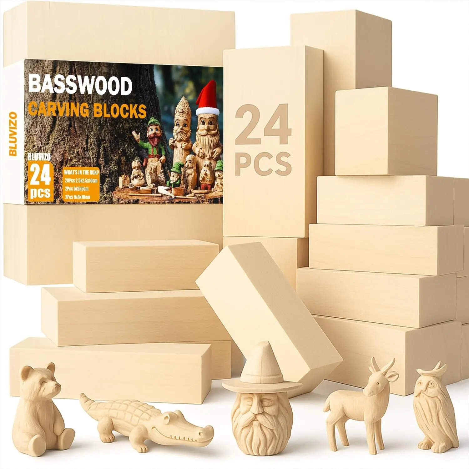 24pcs Basswood Wooden Carving Blocks Set, 3 Sizes Unfinished Soft Wood Blanks, Ideal for Whittling, DIY Crafts & Handmade Crafts, Great for Beginners & Kids DIY Kits