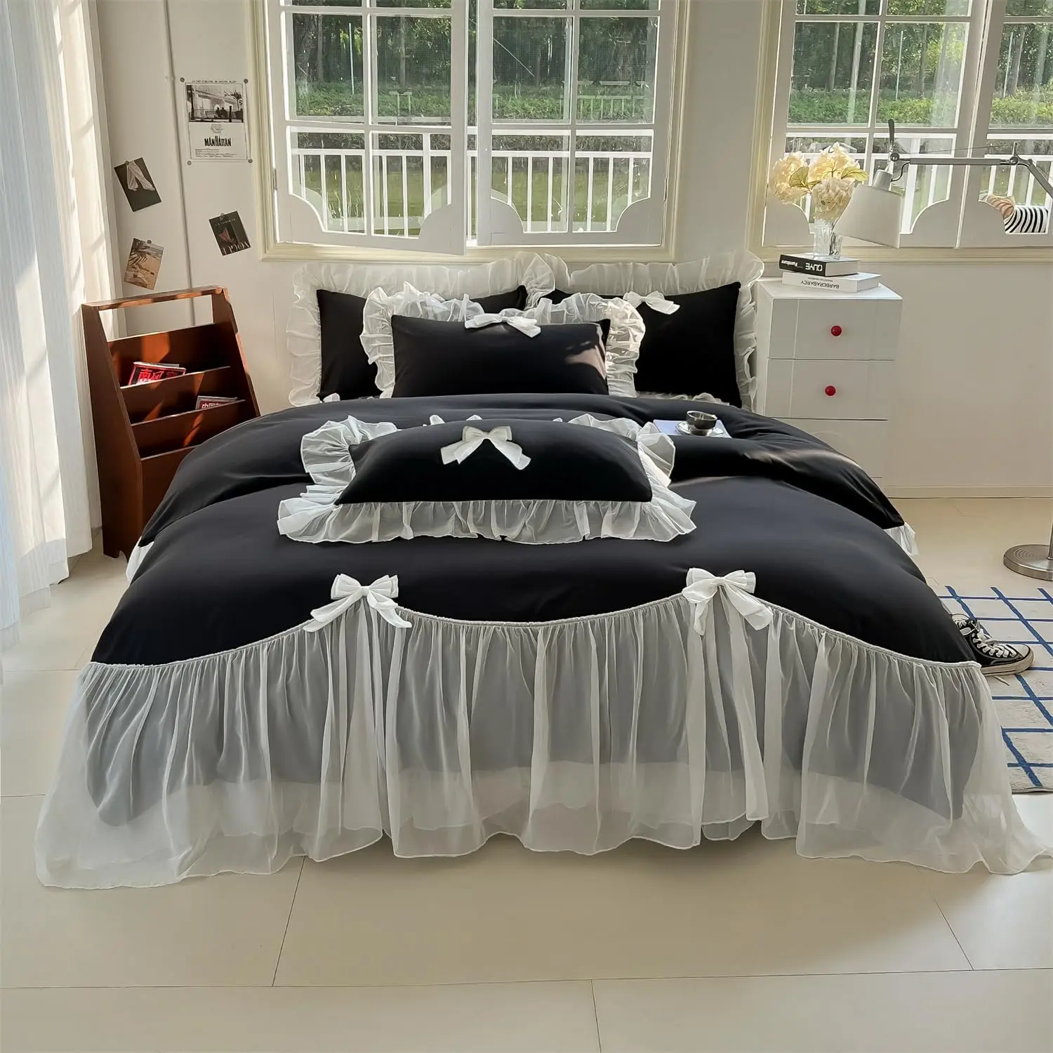 Girls Lace Bedding, Comforter Cover Set, Chic Ruffled Duvet Cover with Lovely Bow,Princess Style 1 Duvet Cover with 2 Pillowcases, No Comforter-Black, Size