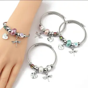 Charm Bracelet Stainless Steel with Dragonfly and Heart Charms for Women's Fashion Jewelry