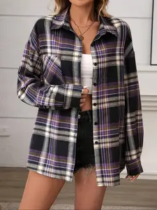 YYTK2025DEC041 Women'S Vintage Plaid Shirt - Casual Loose Fit Long Sleeve with Pockets, Black & White Checkered Pattern, All-Season Comfort, Perfect for Layering or Standalone Outfits, Comfortable Fashion | Vintage Plaid Top | Classic Collar Design