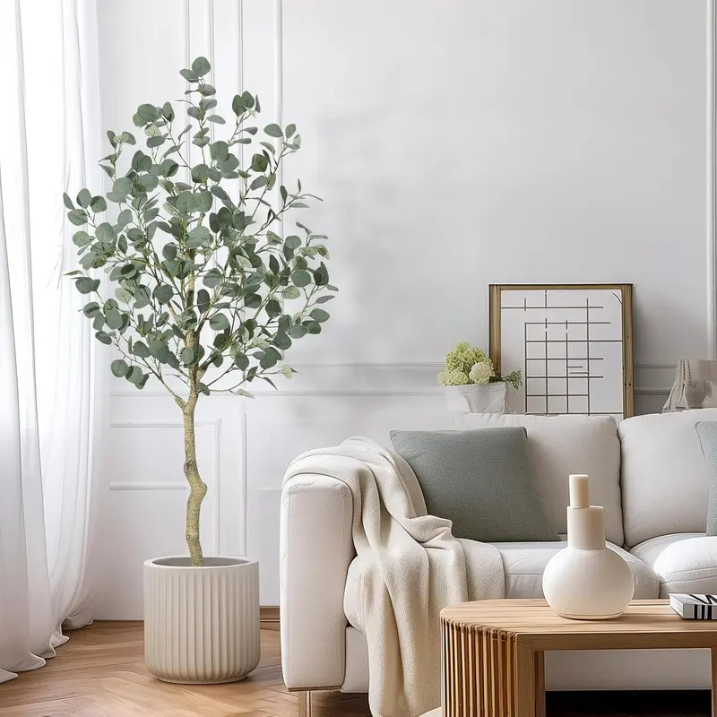 Lifelike Artificial Eucalyptus Tree (4-5-6ft) - Natural Look, Adjustable-Shape Silver Dollar Leaf Polyester Faux Plant in Straw Pot, Long-Lasting Home Decor for Living Room, Home Supplies Indoor Decor, Lifelike Artificial Tree