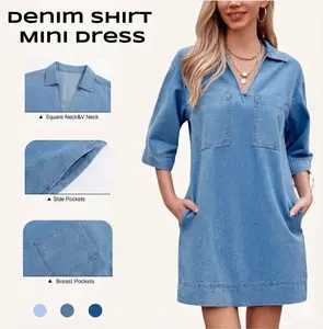 FMEYOA Womens Denim Shirt Dress Summer Collared V Neck Mini Casual Jean Dresses with Pockets
