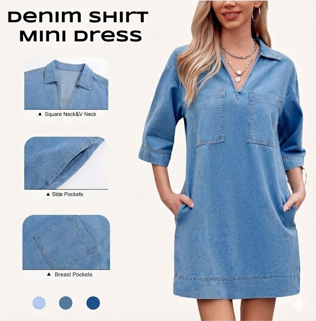 FMEYOA Womens Denim Shirt Dress Summer Collared V Neck Mini Casual Jean Dresses with Pockets
