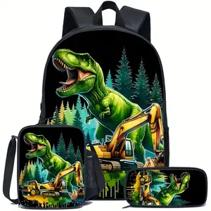 Large Black Dinosaur-Themed Backpack Set — Featuring a lightweight design, zippered closure, and adjustable shoulder straps, this simple yet versatile travel backpack is the perfect choice for teenagers' daily commutes.