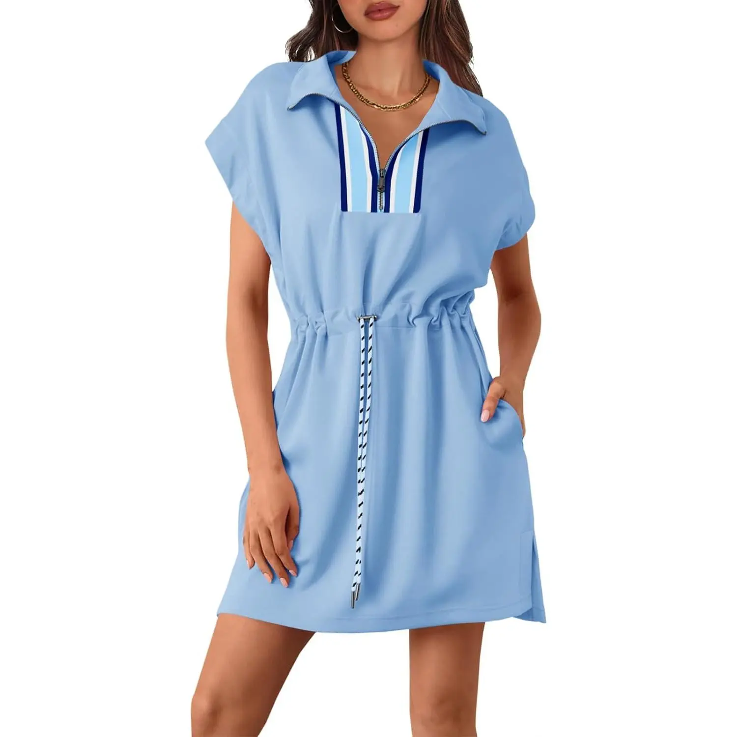 Imily Bela Women's Short Sleeve Athleisure Basic Comfortable Effortless Cropped Casual Dress - Summer Quarter-Zip V-Neck Sweatshirt Dress with Drawstring Waist, Cap-Accent Design, Athleisure Casual Dresses, Basic Casual Dresses