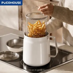 PUCOHOUSE 304 Stainless Steel Deep Fryer Pot with Basket & Strainer,Large Capacity Bacon Grease Container for Kitchen,Frying, Cooking, Camping,Oil Filter Container Dishwasher Safe,White Minimalist Oil Strainer Pot, Detachable & Easy Clean Kitchen Gadget