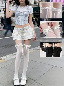 Women's Colorblock Lace over Knee Socks, Breathable Socks, High Thigh Ruffle Design, Cute, Comfortable Fashion, Casual Wear, Slim-Fitting, All Seasons