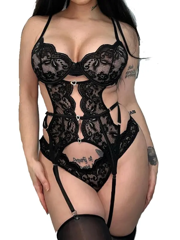 Women's Floral Lace Cut-Out Lingerie Set with Rhinestone & Sheer Panties, Sexy Sleepwear - Red Free Stockings Included