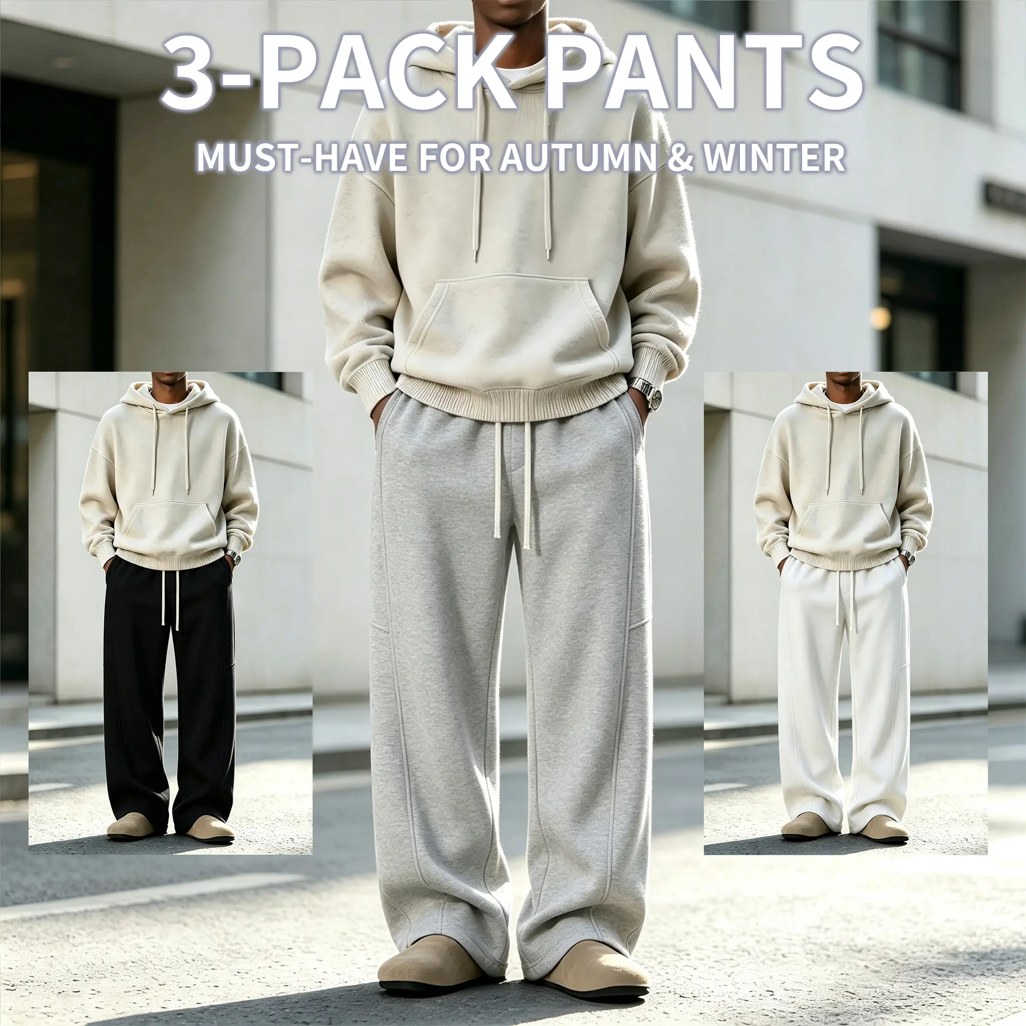 Men Fall Winter Seamed Wide Leg Sweatpants, Soft Warm Fleece Lined Drawstring Casual Trousers With Side Pockets, Solid Color Patchwork Streetwear for Youth & Adult Men Daily Wear Outdoor Sports