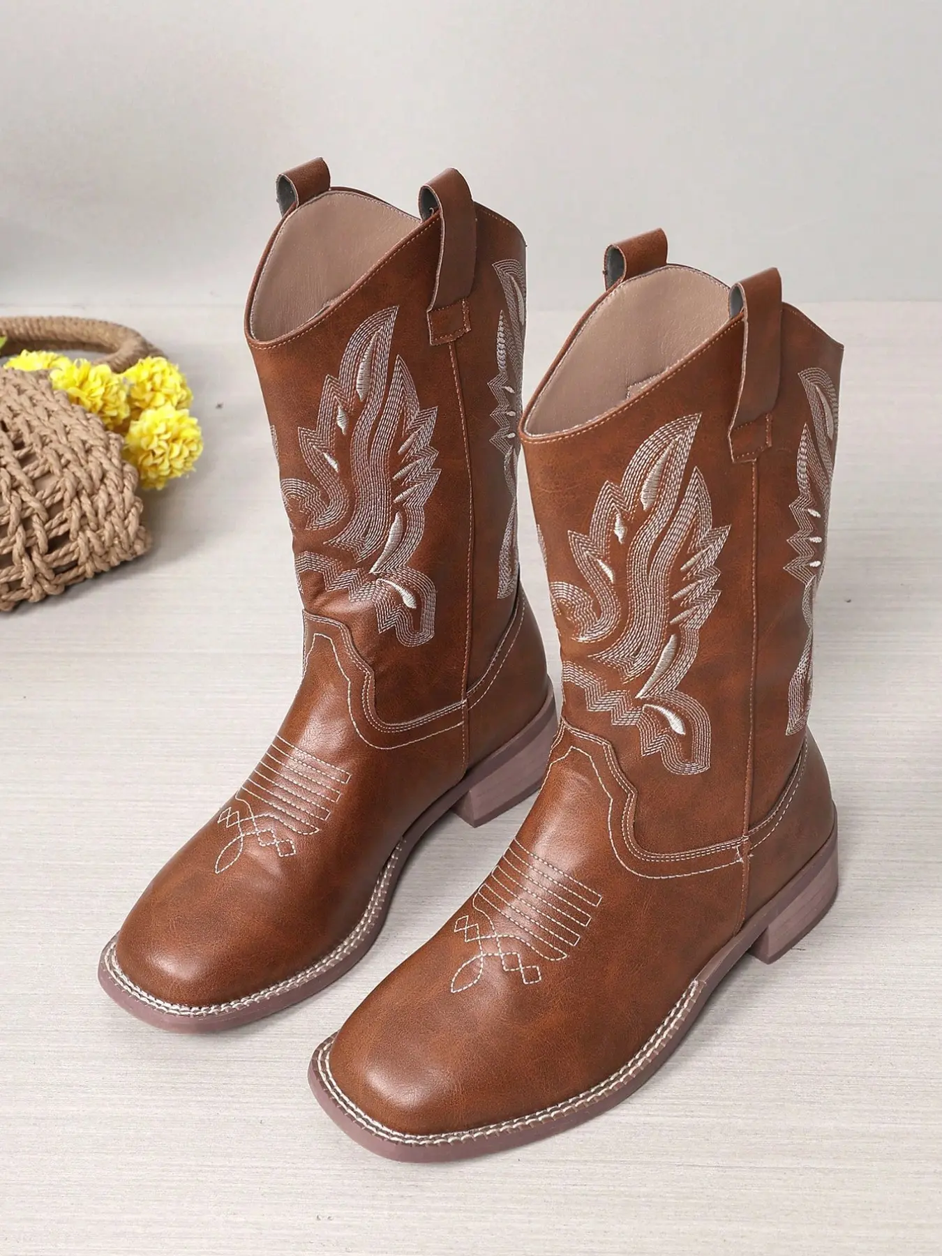 Women's Vintage Classic Embroidered Western Cowgirl/Cowboy Boots, Fashionable Ethnic Style, Slip-On Square-Toe Mid-Calf Embellished Riding Boots