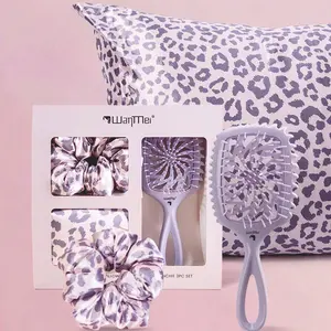 Leopard Print Satin Hair Care Set with Vent Detangling Brush, Matching Scrunchie and Satin Pillowcase, Anti-Frizz Styling Kit for Smooth, Tangle-Free and Healthy Hair