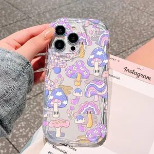 Transparent Cream Case with Cute Colorful Mushroom Design, Halloween Gift, Shockproof Thickened Protective Phone Cover for iPhone Models