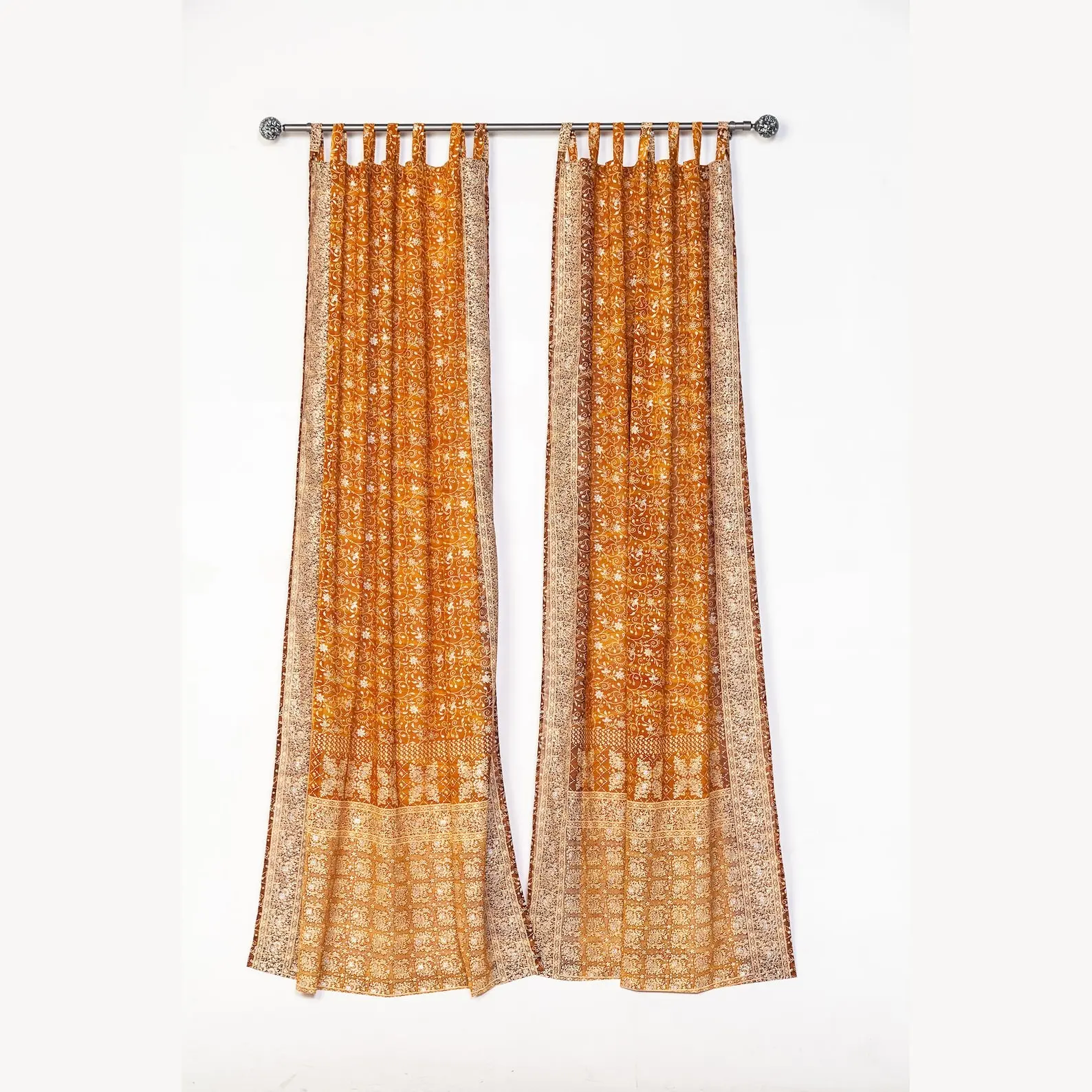 Boho Curtains Light-Filtering Sari Curtains with Sheer Drapes, Vintage Floral Design, Amber Gold Window Treatment, Machine Washable Cotton