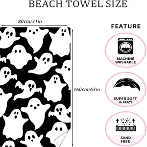 Vintage Ghost Pattern Microfiber Beach Towel, Polyester, Geometric-Patterned, Machine Washable, Super Soft Knit Fabric, Space Themed Towel for Beach, Pool, Bathroom, Camping, Yoga, Fitness - 260gsm Oblong Towel