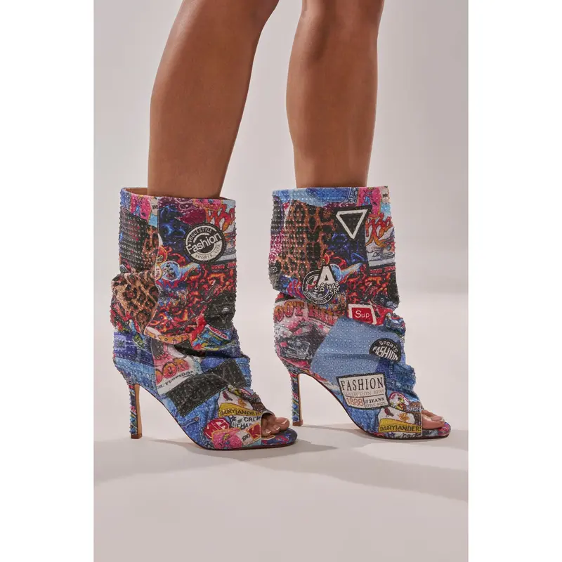 AZALEA WANG JONICE BLUE MULTI RHINESTONE OPEN TOE BOOTIE