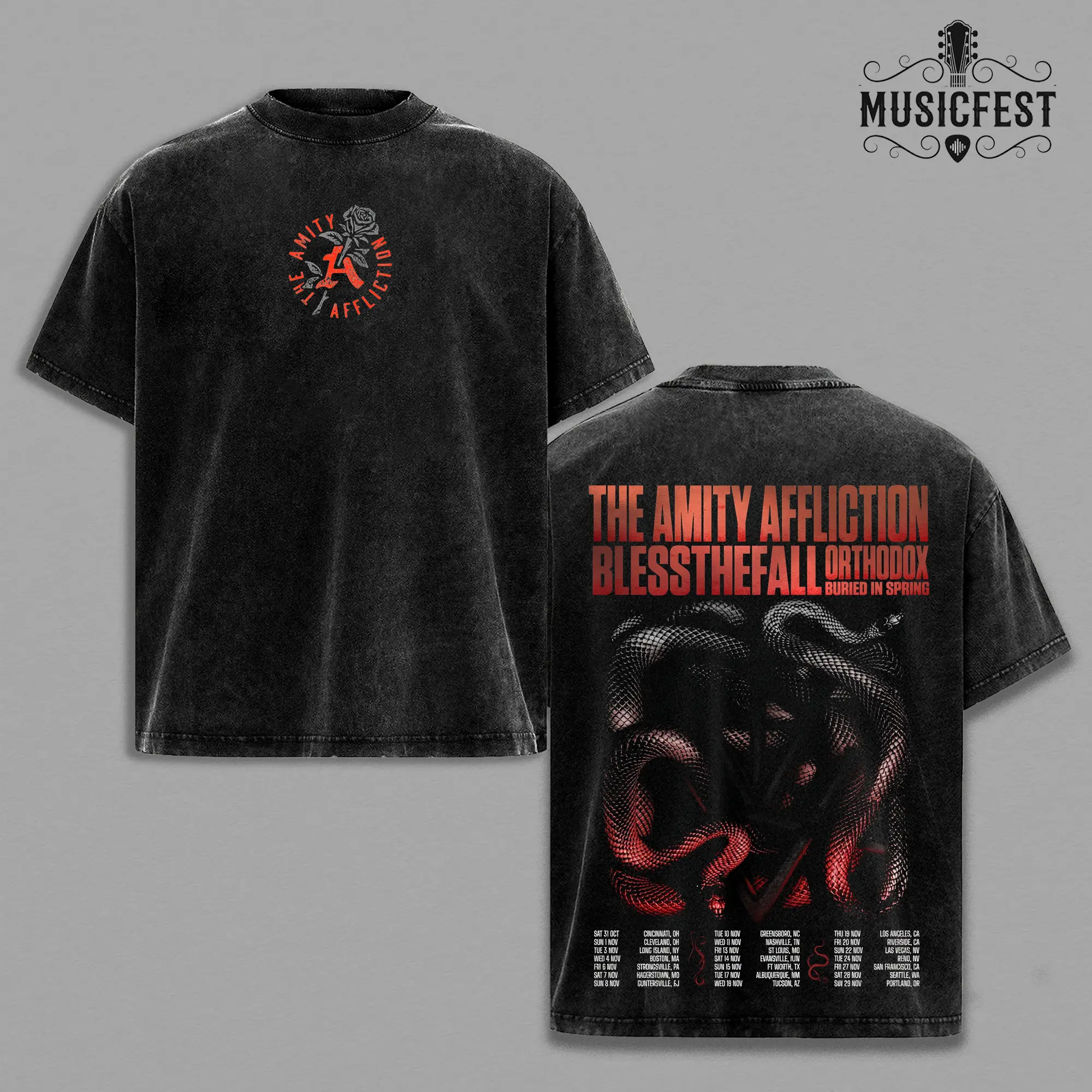 The Amity Affliction Blessthefall Orthodox Vintage Wash Heavyweight Blank, Metalcore Band Tour Graphic Boxy Tee