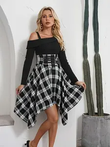 Women's Fashion Sexy Asymmetrical Plaid Long Sleeve Dress, Casual Fashion Fitted, Elegant Patchwork Design, Aesthetic, Perfect for Casual Wear, All Seasons