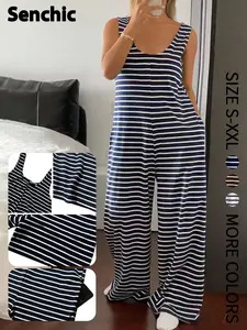 New Striped Casual Design Sleeveless Overalls Halter One-Piece Jumpsuit Romper, Striped Print Romper, Stylish Summer, Comfortable and Trendy, Perfect for Daily Wear