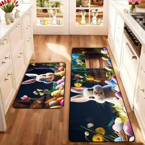 2 count Easter Kitchen Mat Set, Easter Bunny Egg Flower Mats, Non-Slip Soft Low Height, Farmhouse Kitchen Rug, Spring Summer Home Decor, Holiday Cooking and Celebrations, Cartoon Pattern Rug