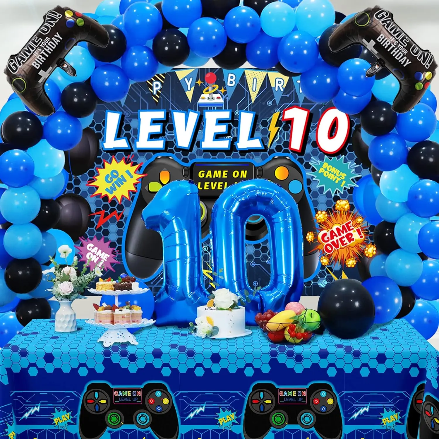 90 Pcs 10th Birthday Video Game Party Decorations for Boys with Balloons, Tablecloth, Cake Toppers