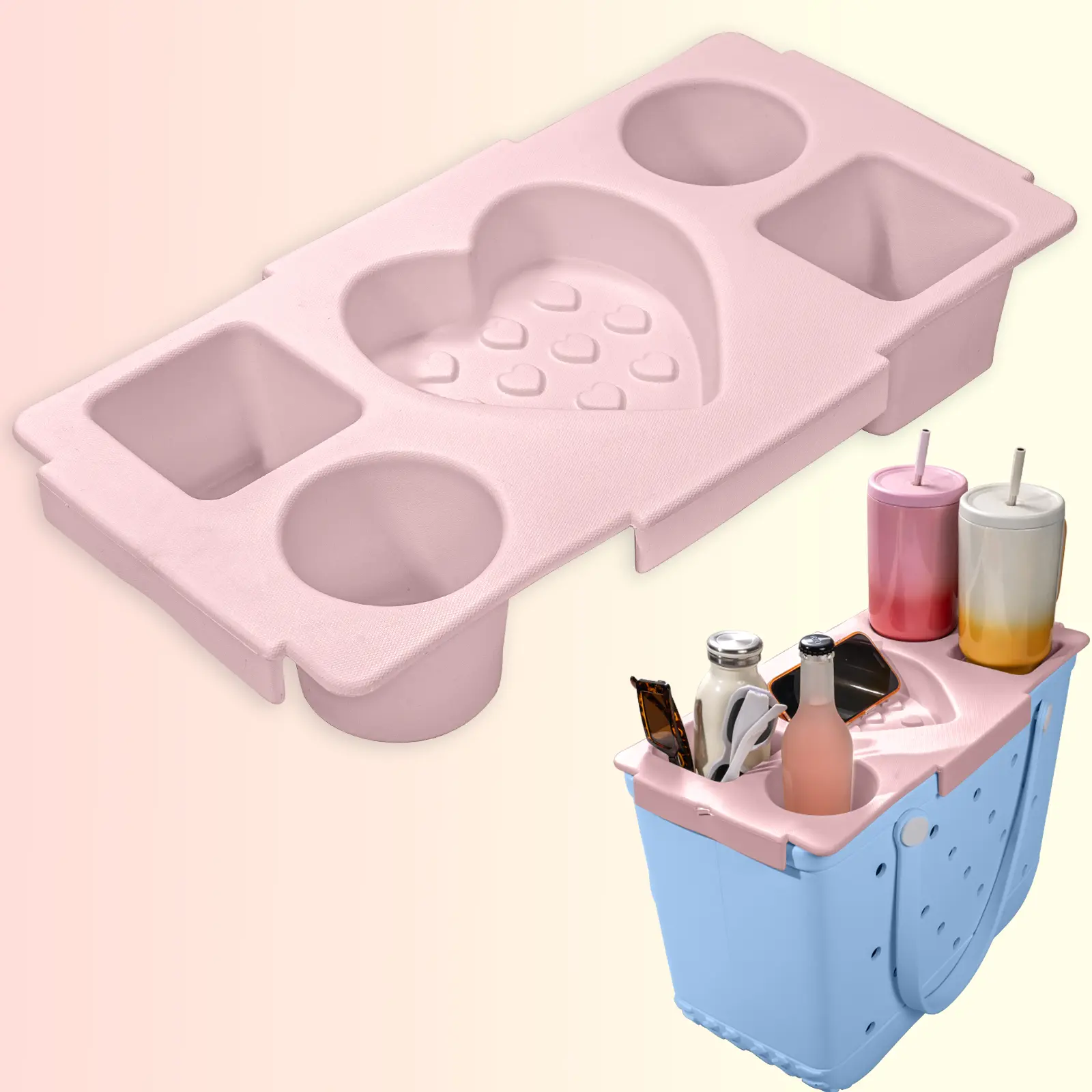 Bogg Bag Large Accessory Heart Topper Tray - Waterproof Rinse-Clean EVA Lightweight Organizer Tote Lid with Cup Holder (Cup Stays Put), Snack, Phone Holder for Beach, Picnic