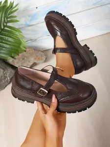 Women's Mary Jane Shoes with Dress, Low Heel Chunky Sole Round Toe Bare Strap Thick Bottom Boots, Vintage Casual Shoes for Daily Wear