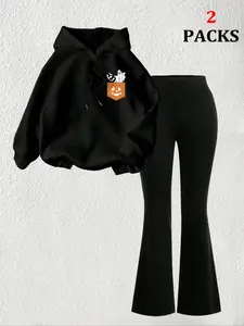 Women's Halloween Ghost Print Warm Sweatshirt + Slim Fit Comfortable Flare Pants Set, Casual Winter, 2 Piece Set