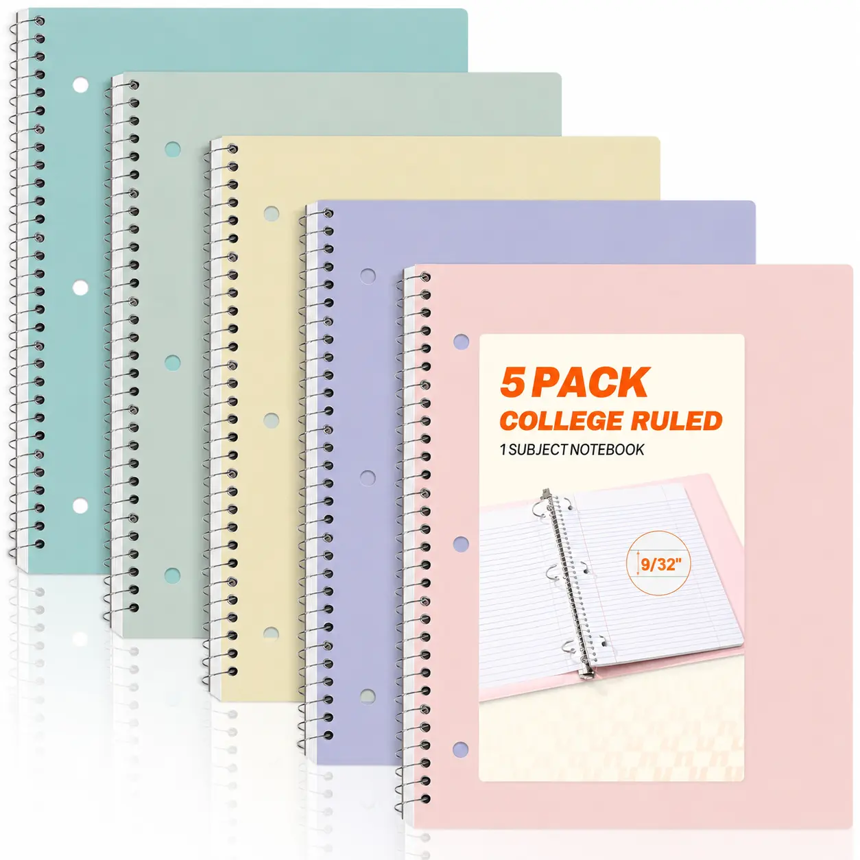 Spiral Notebooks, 1-Subject, 5 Pack, College Ruled Paper, 8" x 10-1/2", 70 Sheets per Notebook,3-Hole Punched Paper, Pink,Purple, Blue, Green, Yellow Spiral Lined Notebooks for School,Work