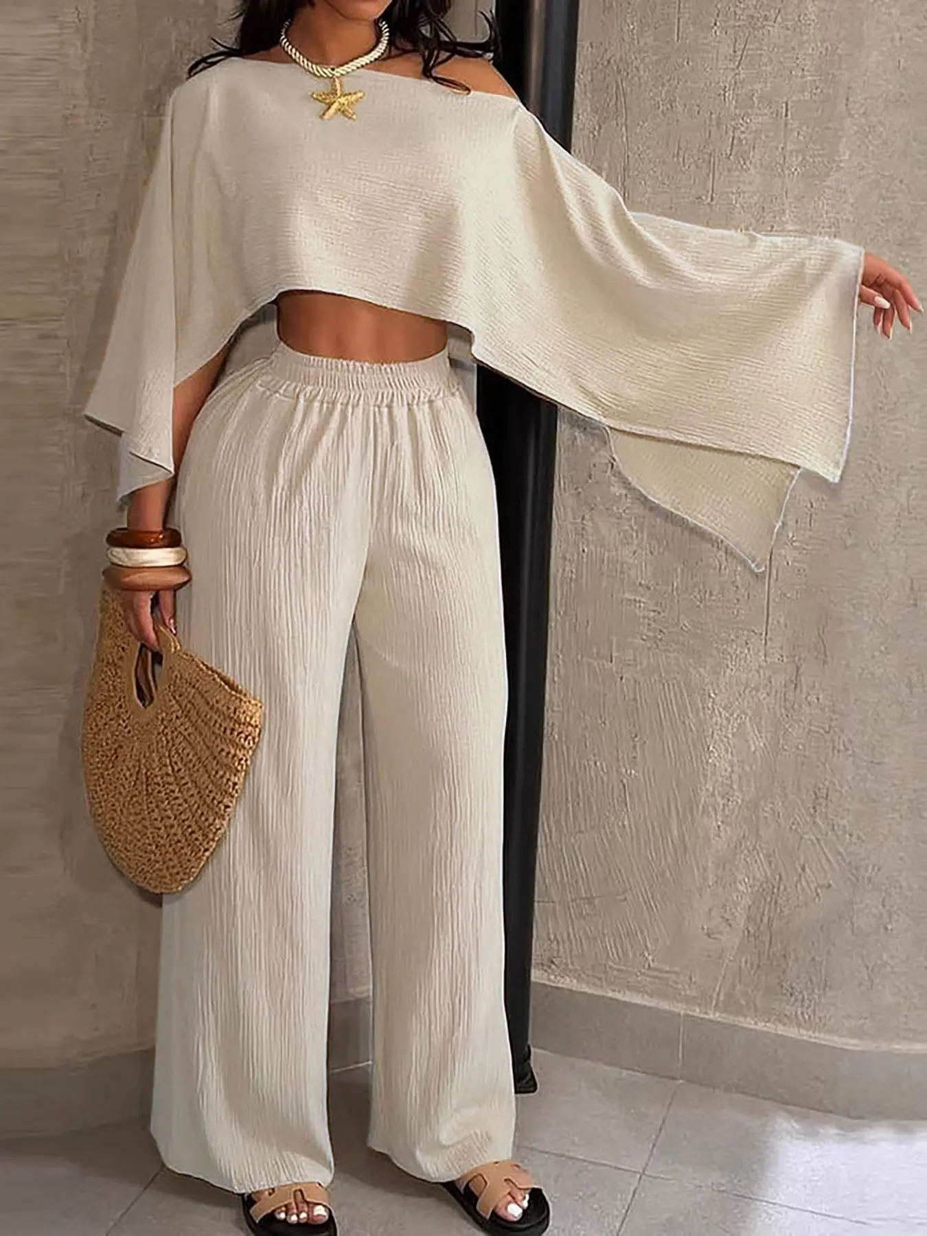 Elegant Casual Minimalist Women's Summer Fit, Off-Shoulder Asymmetrical Top & Elastic Waist Pocket Pants Set, Perfect for Beach Vacation, Clothes