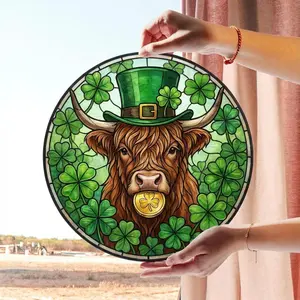 St. Patrick’s Day Highland Cow Stained Glass Suncatcher, Shamrock Suncatcher, Gift For Home Decor