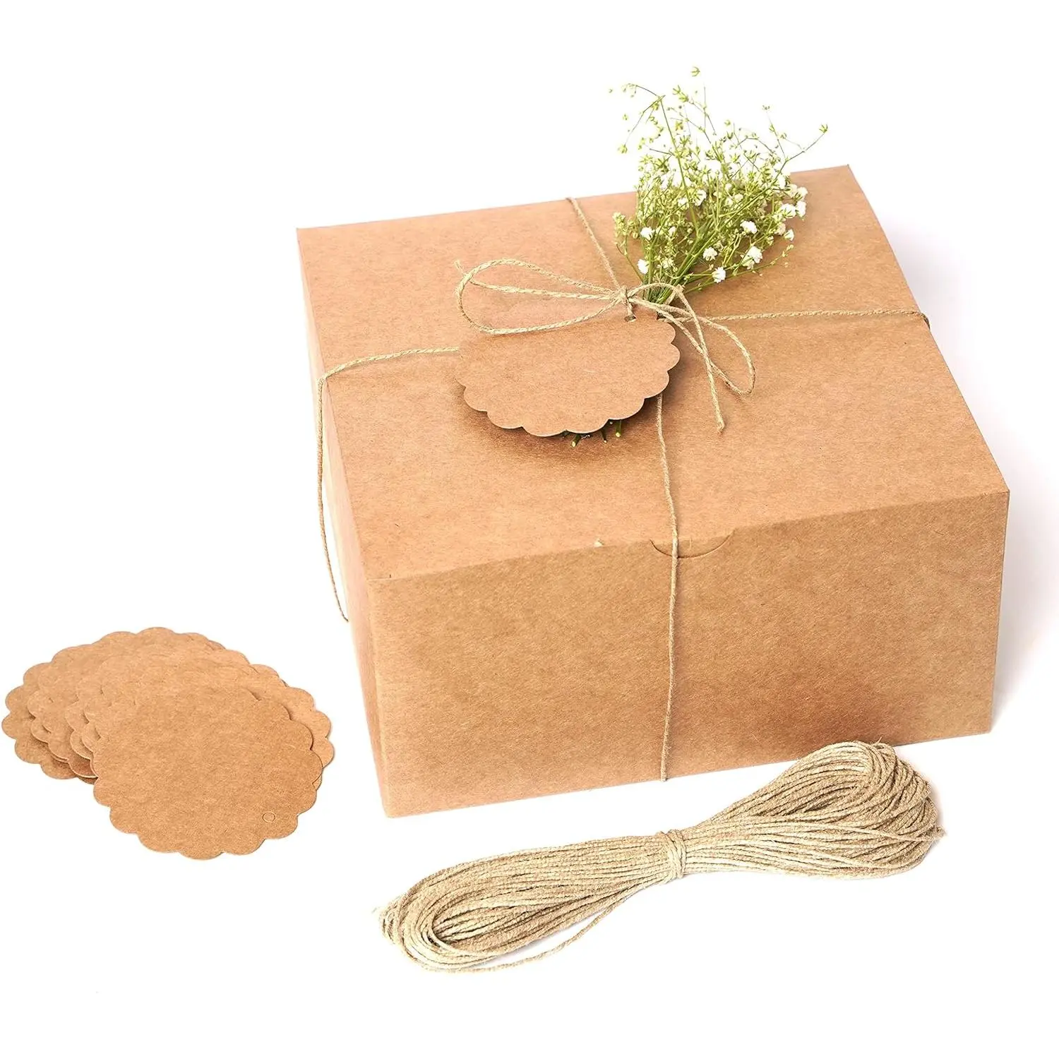 Boxes 10 Pack 8x8x4 Inches, Thick  Paper Boxes with Lids, Tags & Jute Rope for Gifts, Wedding Favours, Bridesmaid Proposals, Cupcakes, Crafting