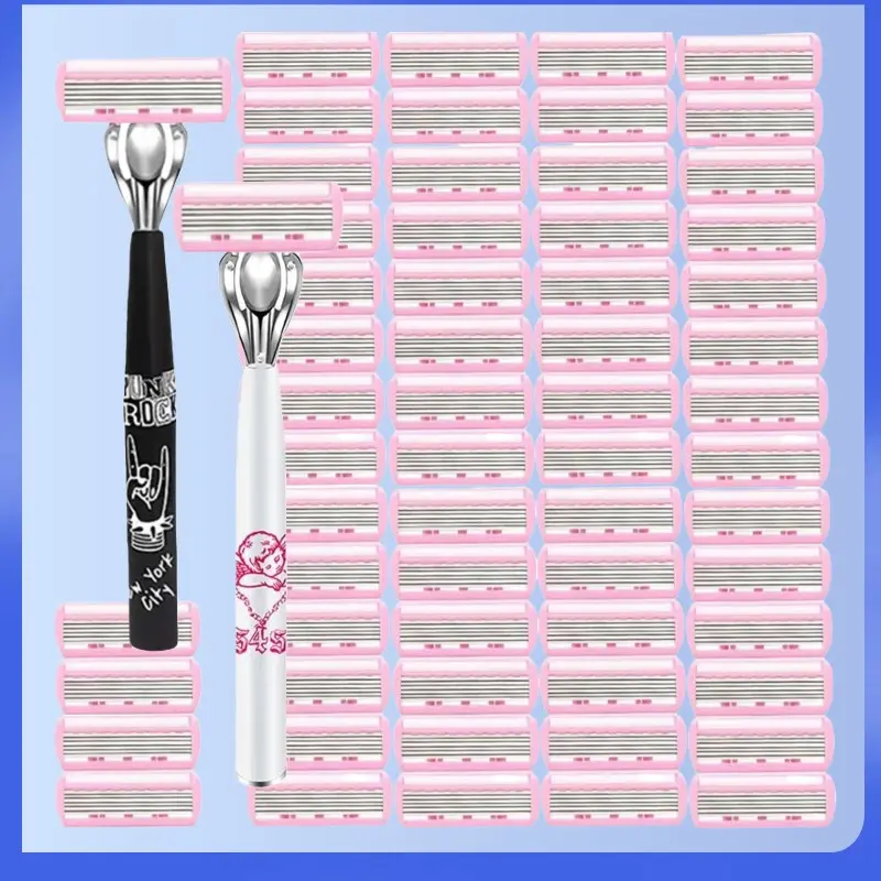 Women's Manual Razor for Sensitive Skin, 6-Blade Safety Razor with Aloe Moisturizing Strip, Non-Slip Handle, Smooth Shaving for Legs, Armpits, Bikini Area, Hair Removal, Gentle Body Hair Remover