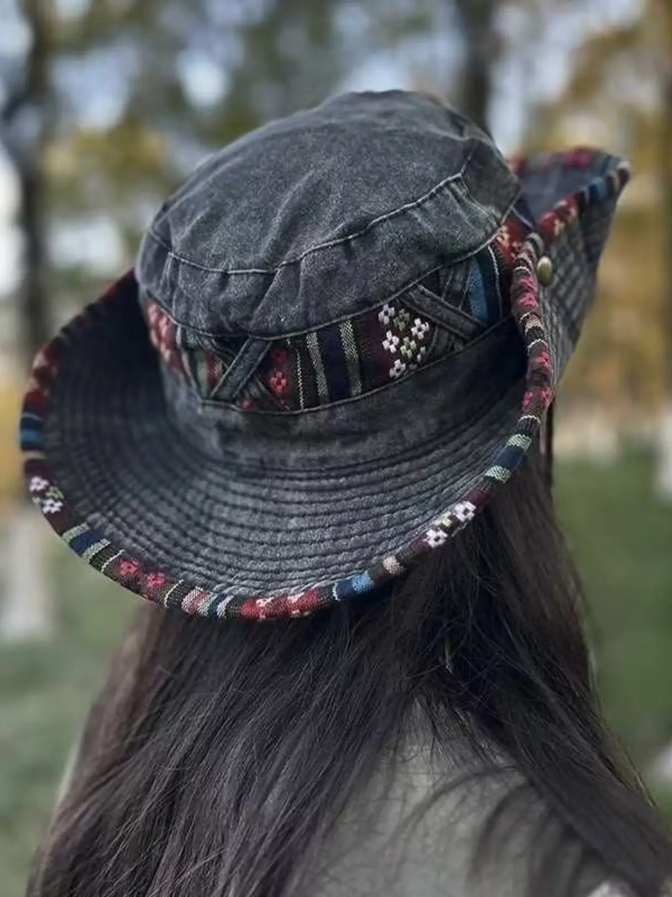 Vintage Ethnic Denim Fisherman Hat, Tribal Stripe Patch, Bohemian Style Outdoor Sun Protection Cap, Casual Fitted Hat for All Seasons, Sunscreen Hat, Adjustable Sun Hat, Casual Trendy Hat
