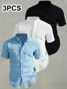Men's Summer Short Sleeve Shirts, Lightweight Breathable Solid Color Stand Collar Casual Button Up, Perfect for Beach Vacation Pool Party