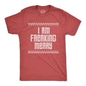 Mens I Am Freaking Merry T Shirt Funny Christmas Spirit Holiday Party Graphic Tee Mens Funny T Shirts Cool Vintage Fashion T-Shirt Gift Classic Menswear Christmas Apparel for Men Novelty Tees for Guys Red
