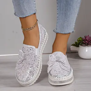 Women'S Sneakers Women'S Fashion Sequin Bow Casual Shoes Slip On Casual Comfortable Shoes  Footwear Girl Summer