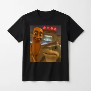 Funny Sausage Man Shark Beijing West Station Viral Meme Graphic Tee Unisex 100% Cotton Oversized Black T-Shirt Internet Absurd Humor