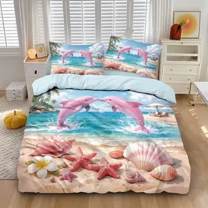 3-piece quilt cover set (1 quilt cover +2 pillowcases, no core) Pink dolphin beach sea view shell starfish frangipani print soft and comfortable bedding, suitable for all rooms