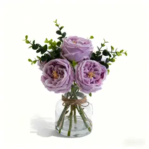 13"x10" Artificial Purple Roses in Vase with Artificial Water – Lifelike Faux Flower Arrangement for Dining Table Centerpiece, Home & Restaurant Decor