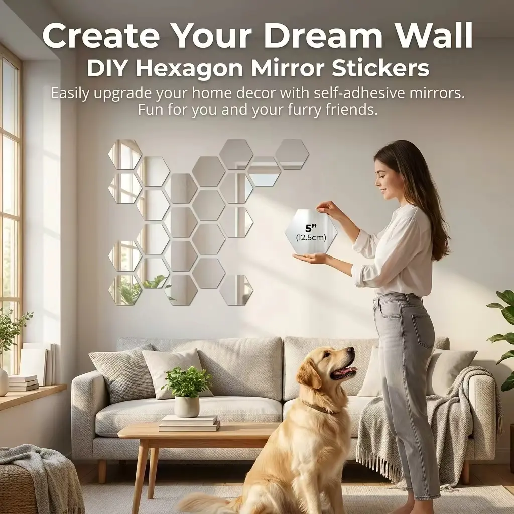 12Pcs Hexagonal Mirror Wall Stickers Silver Self-Adhesive Acrylic Hexagon Mirror Tiles 100MM Removable Mirror Wall Decals for Bathroom Living Room Bedroom Home Art Decoration Decorative Wall Sticker