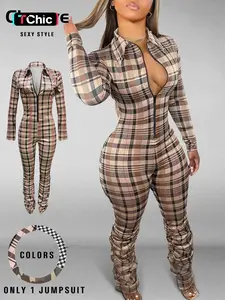 Women's Sexy Plaid Bodycon Jumpsuit with Zipper Front & Ruched Design, Tight-Fitting Long Sleeve Jumpsuit for Fall & Winter