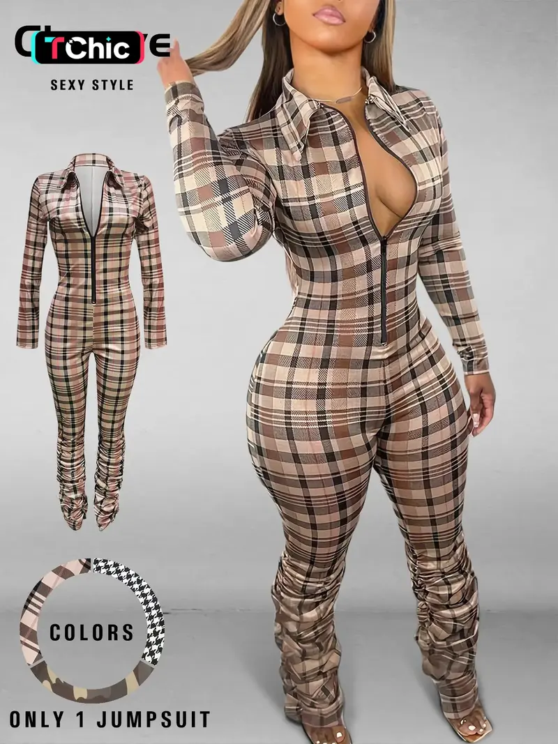 Women's Sexy Plaid Bodycon Jumpsuit with Zipper Front & Ruched Design, Tight-Fitting Long Sleeve Jumpsuit for Fall & Winter