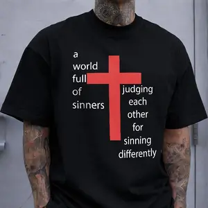 A World Full Of Sinners Judging Each Other" Cross T-Shirt, Christian Casual Oversized Tee, Faith Statement Top
