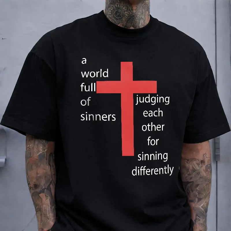 A World Full Of Sinners Judging Each Other" Cross T-Shirt, Christian Casual Oversized Tee, Faith Statement Top