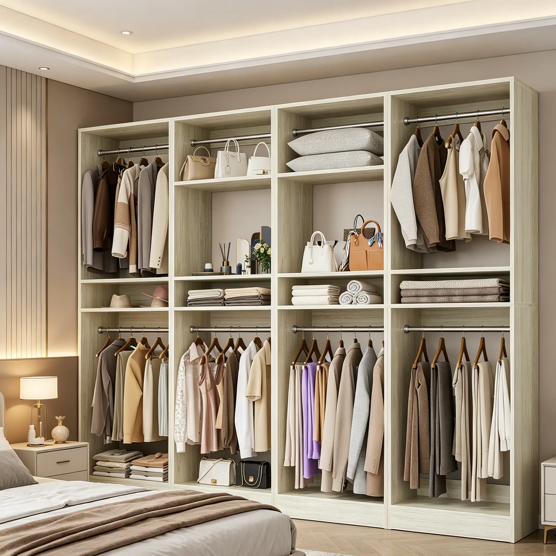 100 Inch Large Closet System, 8.3FT Wood Closet Organizer Kit with 8 Hanging Rods, Adjustable Walk-in Wardrobe Closet Tower, Sturdy Luxury Clothes Garment Rack, Easy Assembly, Set of 4 Furniture