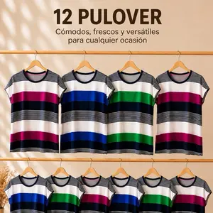 Women's Basic Tops (Womenswear) - Pack of 12 Lady's Pullover Tops, one  size Stripe  Shirts , 3 Assorted Colors (4 Pieces Each), Comfortable, Lightweight, Versatile for Everyday Wear